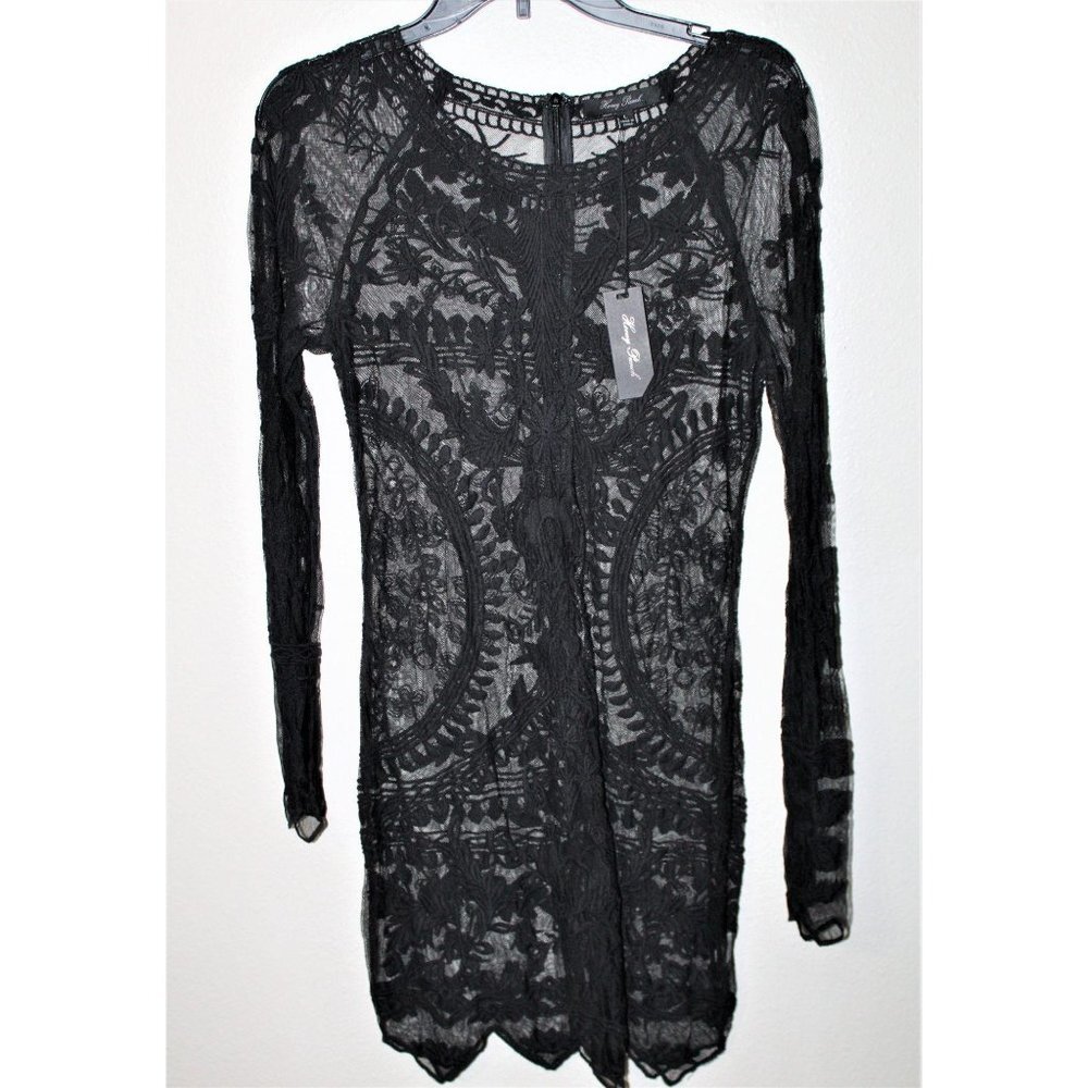 HONEY PUNCH BLACK LACE/sheer long sleeves scoop‎ neck MINI dress LARGE